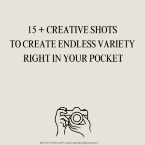 Minimalist graphic reading “15+ Creative Shots to Create Endless Variety Right in Your Pocket” with hand-drawn camera illustration